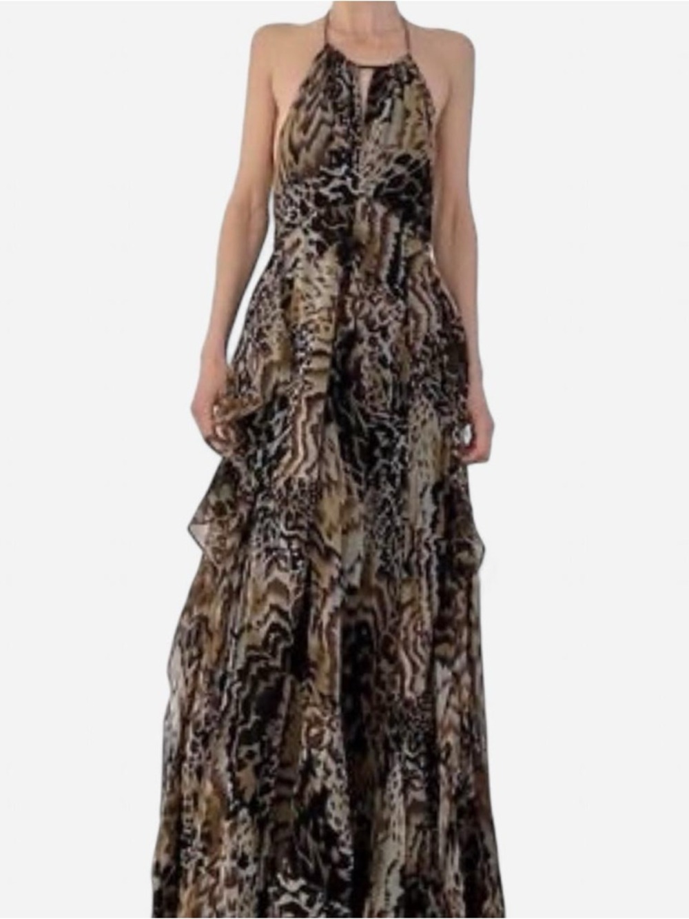 Elizabeth and James asymmetrical animal print maxi dress.